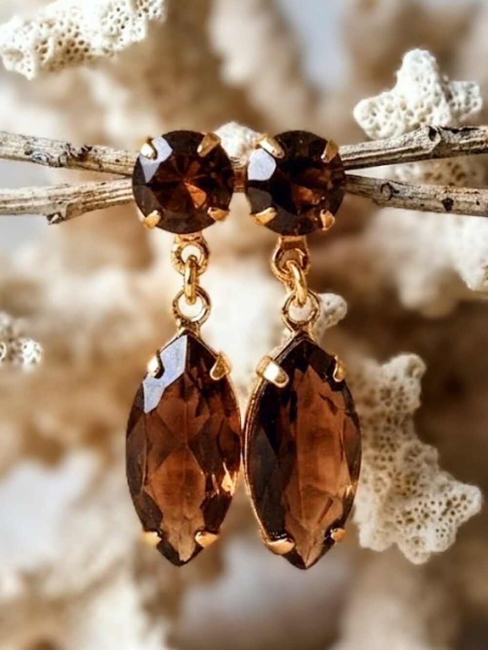 7 Carats Natural Smoky Quartz 2 Stones Round & Marquise In Gold Plated Earrings